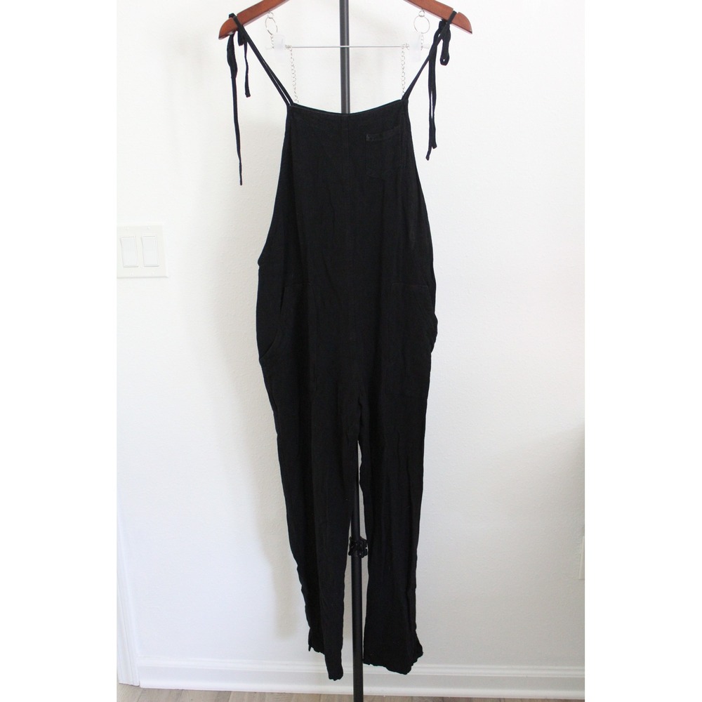 Orange Creek Women's Black Linen Blend Tie Strap Overalls Jumpsuit Size L